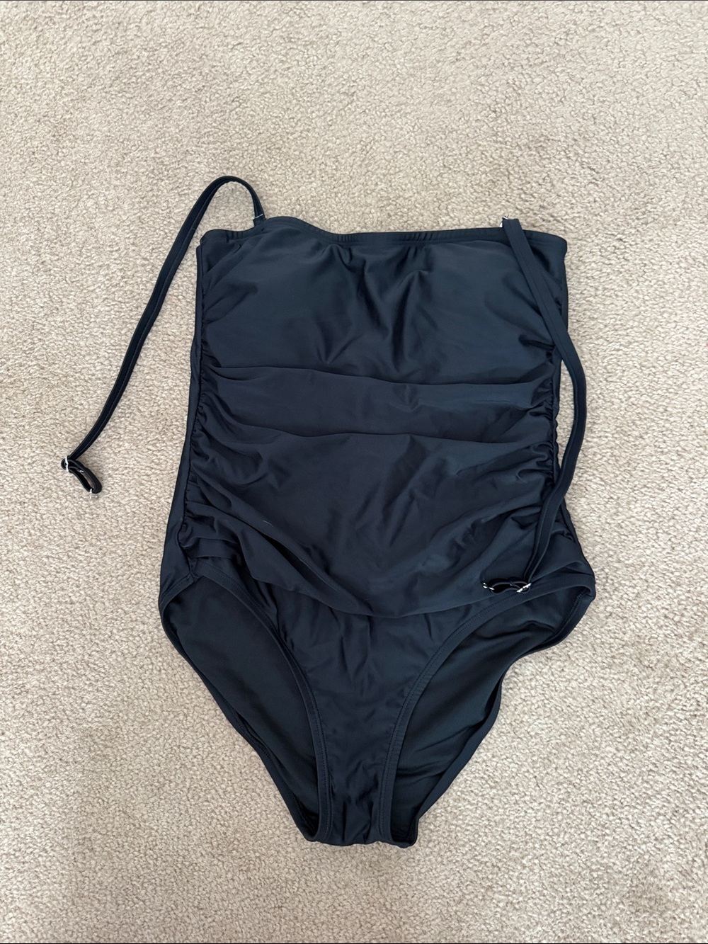 Women’s DKNY one piece swimsuit black bandeau with straps ruching size Large